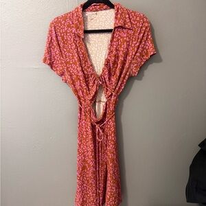 Free People Pink Animal Print Knit Collared Wrap Dress Large